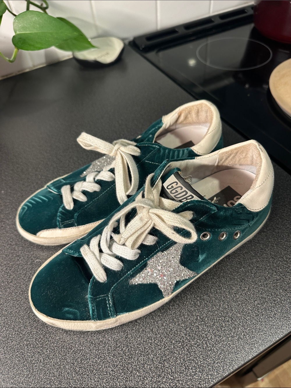Golden Goose Teal Velvet Sneakers with Silver Star
